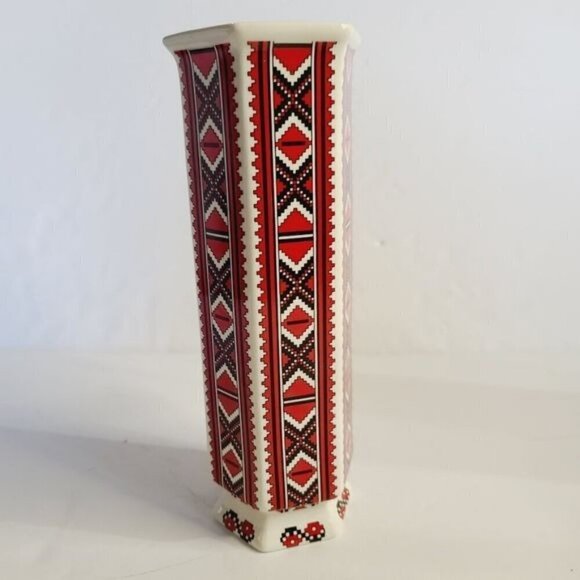 Ukrainian Arts by Stefania Red White Folk Art Patterned Vase Maximalist Eclectic - Picture 11 of 11